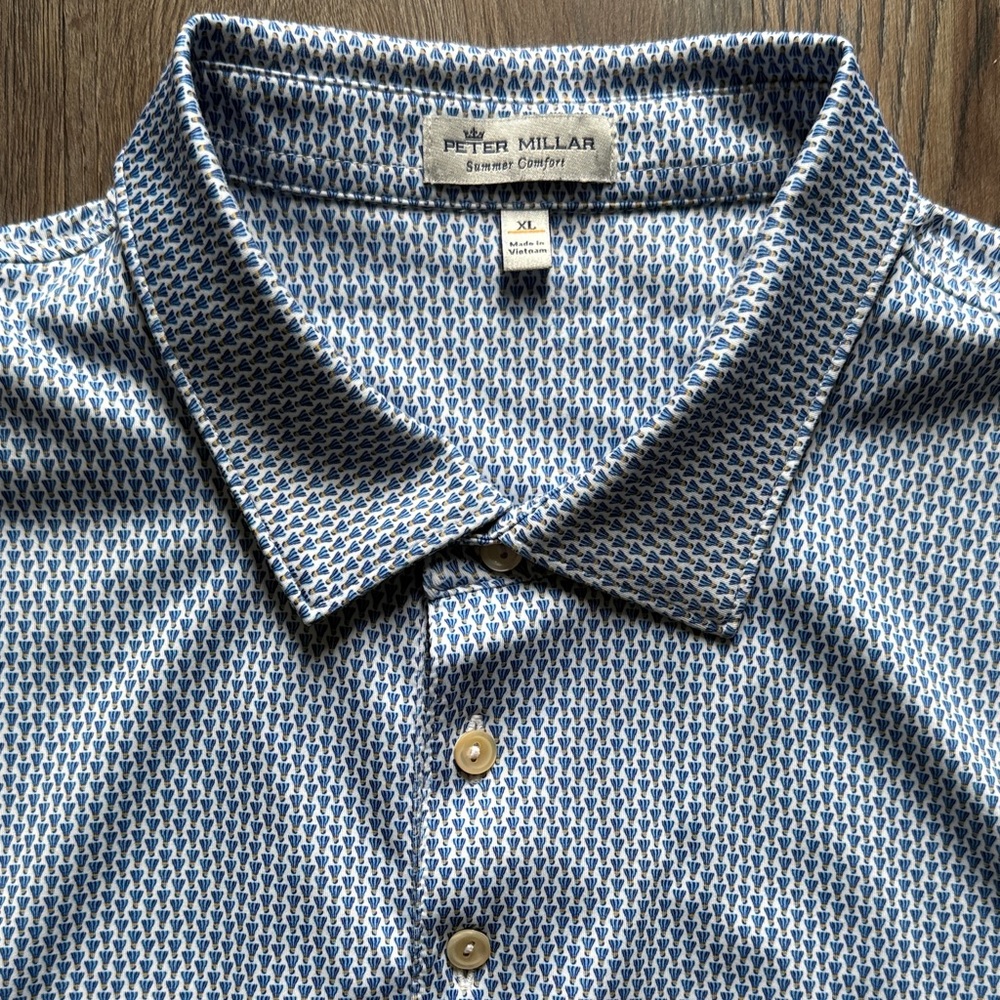 Peter Millar Summer Comfort Men’s Polo Birdie Badminton Blue White Men’s XL